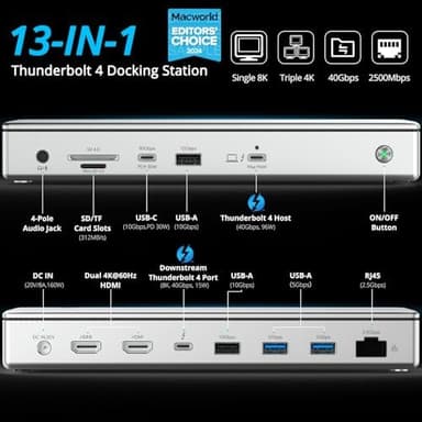WAVLINK Thunderbolt 4 Hub with Dual HDMI 4K@60Hz,100W Charging, Thunderbolt Certified, 13-in-1 Thunderbolt 4 Dock Dual Monitor Single 8K Output for Windows or Mac, 4X USB, 2.5G Ethernet,SD/MicroSD - Image 3