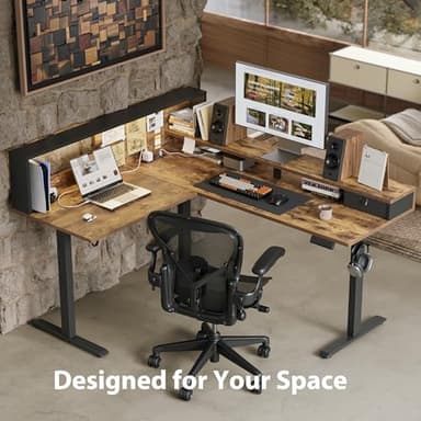 Agilestic L-Shaped Electric Standing Desk, 63x55 Inch Ergonomic Adjustable Height Desk with Storage, Stand Up Corner Desk Sit Stand Computer Table Power Outlet & LED Lights, Office Table, Rustic Brown - Image 3