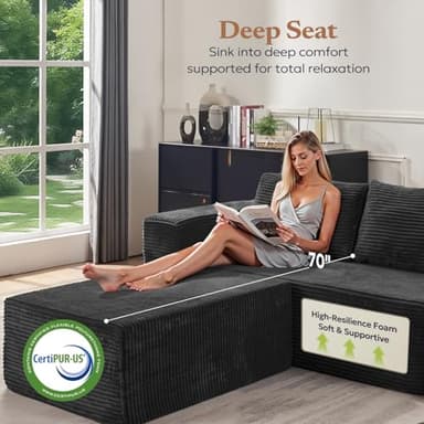 Furnify 106" Modular Sectional Sofa with L-Shape Chaise, Right/Left Facing Deep Seat Cloud Couch, No Assembly Required, Upholstered Couch for Living Room Bedroom (Plush Corduroy Fabric, Black) - Image 5