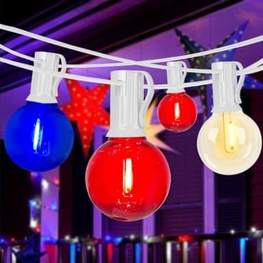 G40 Red White and Blue Lights,25Ft Fourth of July Light with 27 G40 LED Red White and Blue Bulbs(2 Spare),Waterproof Outdoor Hanging Patio Lights for Independence Day Memorial Day Party Decor - Image 1