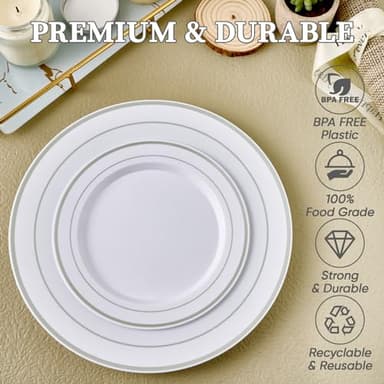 FOCUSLINE Silver Plastic Plates Set of 60, Disposable Plates with Silver Rim 30 Dinner Plates 10" and 30 Salad Dessert Appetizer Plate 7", Elegant Fancy Heavy Duty Wedding Party Plates - Image 4