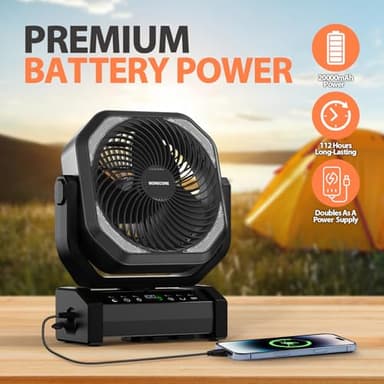 MORECORE 20000mAh Rechargeable Camping Fan with Light, 112HRS Running, 8-Speed, Auto Oscillating, Timer, LED Digital Display, 270°Pivot with Hook for Tent RV Emergency Garage-Black - Image 6