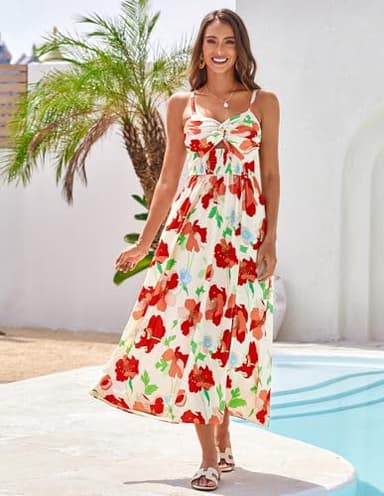 Women's Casual Maxi Sundress Sleeveless Spaghetti Strap Twist Front Floral A line Beach Dress with Pockets Red Floral XL - Image 7