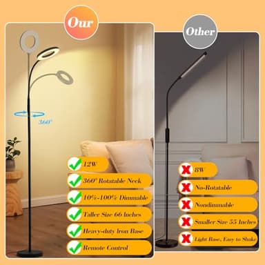 homakee LED Floor Lamp, 12W/1000LM Reading Light, 3 Color Temperatures Bright Floor Lamp, Adjustable Gooseneck Standing Lamp with Remote & Touch Control for Living Room, Bedroom, Office(Black) - Image 5
