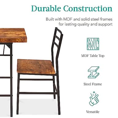 Best Choice Products 3-Piece Modern Dining Set, Space Saving Dinette for Kitchen, Dining Room, Small Space w/Steel Frame, Built-in Storage Rack - Medium Brown/Black - Image 6