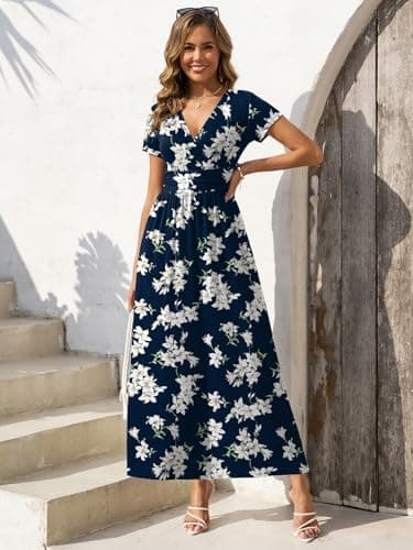 Gracyoga Sundresses for Women 2025 Fall Blue Casual Midi Flowy Wrap V Neck Dress Short Sleeve Blue Lily Print Dresses Summer Vacation Outfits XL - Image 5