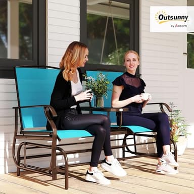 Outsunny Outdoor Glider Bench with Center Table, Metal Frame Patio Loveseat with Breathable Mesh Fabric and Armrests for Backyard Garden Porch, Blue - Image 2