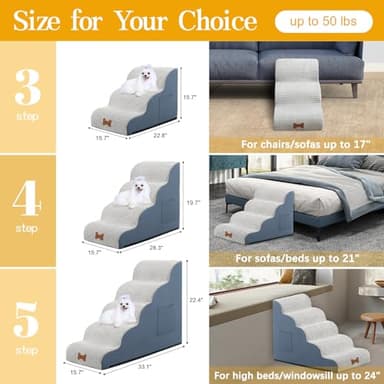 POCBLUE Dog Stairs for Small Dogs 15.7" H, Wide Pet Step for Couch/Sofas/Chairs, Curved Pet Ramps for Small Dogs & Cats with High-Density Foam and Washable Cover, 3-Step, Grey - Image 2