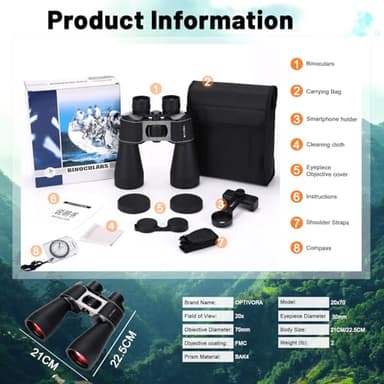 OPTIVORA 20 * 70 Binoculars for Adults High Powered for Bird Watching,Hunting and Traveling with BAK4 Lens,Kit Also Includes Long Range Binoculars Tripod Adapter,Compass and Carrying Bag - Image 7