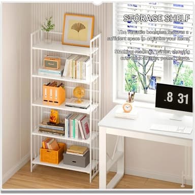 4NM No Assembly 5 Tiers Folding Bookshelf, 59.4" H Foldable Storage Shelves Vintage Bookcase Standing Racks Study Organizer Home Office - All White - Image 2
