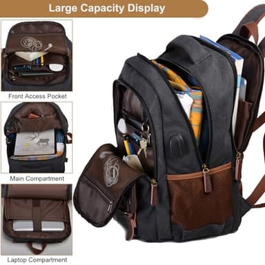 Mactso Canvas Travel Laptop Backpack for Men Women, Business Work Rucksack College Computer Bag Fits 17.3 Inch Notebook,Bookbag with USB Charging Port (Black, 17.3 Inch) - Image 3