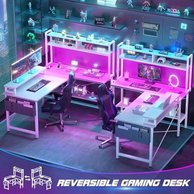 Aheaplus L Shaped Gaming Desk with Power Outlets & LED Lights, Small L- Shaped Desk Computer Corner Desk with Monitor Stand & Storage Shelf, Home Office Desk Writing Desk with Storage Bag, White - Image 7