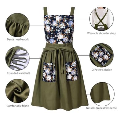 Pinknoke Vintage Pinafore Apron Dress for Women with Pockets Cute Floral Chef Aprons for Kitchen Cooking Baking Gardening (Olive Green) - Image 5