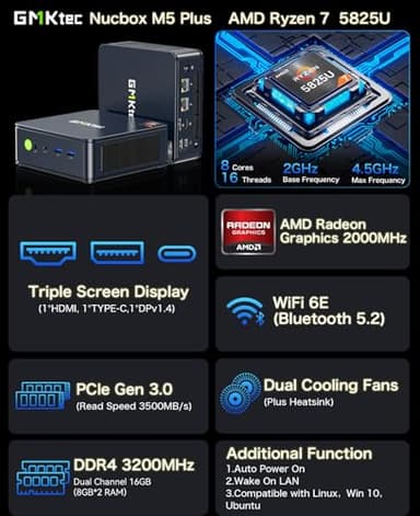 GMKtec Mini PC AMD Ryzen 7 5825U (Turbo 4.5GHz) Dual NIC 2.5G Gaming Desktop Computers 16GB DDR4 512GB SSD Dual LAN 2.5G/ WiFi 6E, USB3.2, USB-C, BT 5.2, DP, HDMI, Dual Fan - Image 2