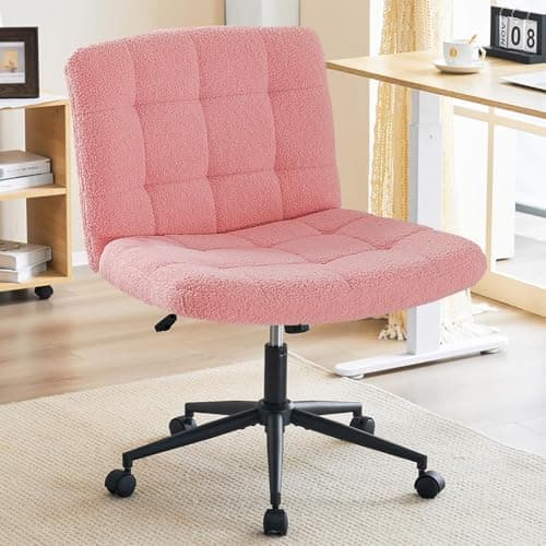 Furnimart Swivel Criss Cross Legged Chair with Wheels for Home Office, Wide Armless Desk Chair Height Adjustable Comfy Seat for Desk,Vanity, Bedroom, Faux Fur Pink - Image 1
