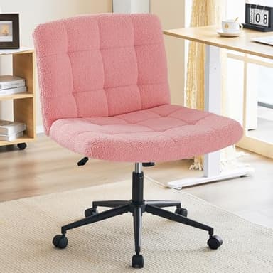 Furnimart Swivel Criss Cross Legged Chair with Wheels for Home Office, Wide Armless Desk Chair Height Adjustable Comfy Seat for Desk,Vanity, Bedroom, Faux Fur Pink - Image 1