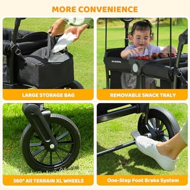 ELEMARA Foldable Stroller Wagon for 2 Kids, Premium All Terrain Wagon for Kids, Cart w/Removable Canopy, Adjustable Push/Pull Handle, Harnesses, Large Storage Bag, Black - Image 5