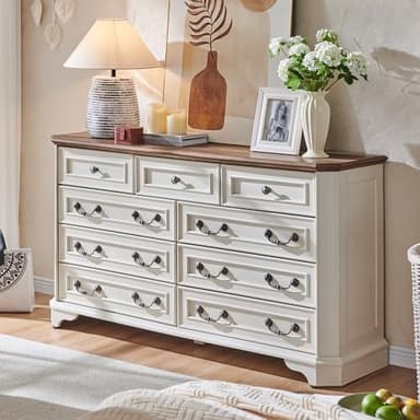 T4TREAM Farmhouse 9 Drawers Dresser for Bedroom, 54" Wide Wood Rustic Chest of Drawers with Natural Texture, Vintage Design, Storage Dressers Organizer for Bedroom, Living Room, Antique White - Image 4