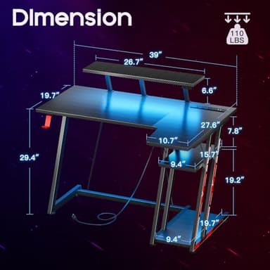 MOTPK Small Gaming Desk with LED Lights & Power Outlets, 39 Inch L Shaped Gaming Computer Desk with Storage Shelf, Gamer Table with Monitor Stand, PC Table with Carbon Fiber Texture, Black - Image 3
