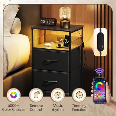 WLIVE LED Nightstand with Charging Station, Black Night Stand with 3 Fabric Drawers and Storage Shelf, Small Dresser for Small Space, 31.9" H Bedside Table with USB Ports and Outlets for Bedroom - Image 5