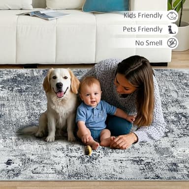 Washable Rugs 5X7 Large Neutral Modern Non Slip Foldable Thin Under Dining Table Dining Room Floor Cove Black - Image 6