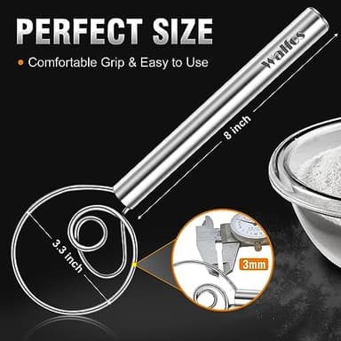 Walfos Danish Dough Whisks, Rustproof Stainless Steel Bread Whisk, Quick Mixing Bread Mixer, Dutch Dough Whisk for Cooking, Blending, Whisking, Stirring, Sourdough, Pizza, Pastry, Cake Batter（2pcs) - Image 3