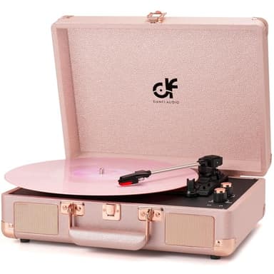 Vinyl Record Player 3-Speed Portable Suitcase Record Player with Built-in Speakers, Headphone Jack, RCA-Out/AUX-in, Vintage Belt-Driven Turntable, Pink & Rose Gold - Image 1