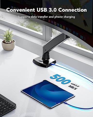 HUANUO Single Monitor Arm for 40 inch Screens, Ultrawide Computer Monitor Mount Holds 26.48 lbs, Upgraded Adjustable Stand with USB, C-Clamp & Grommet Base, VESA 75x75 or 100x100mm - Image 4