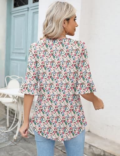 LOMON Boho Tops for Women 3/4 Length Sleeve Shirts Summer Casual V Neck Ruffle Half Sleeve Blouses White Red Floral L - Image 2