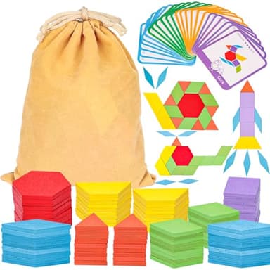 LovesTown 209 PCS Shapes Wooden Pattern Blocks for Kids,Geometric with Activity Cards and Storage Bag, Educational Tangram Puzzles,Great Learning Gift from Parents or Teachers - Image 1