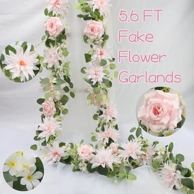 DIYDOFUN Pack of 2 Artificial Rose Flower Garland with Greenery - 5.6 FT Eucalyptus Garlands Floral Garlands for Wedding Arch Mantle Backdrop Patio (Light Pink & White, 2 X 5.6 FT Garlands) - Image 5