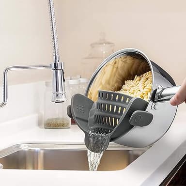 Kitchen Gizmo Snap N' Strain - Silicone Pasta Strainer Clip-On for Pots and Pans - Heat Resistant Colander for Vegetables and Noodles - Kitchen Gadgets for Cooking - Space-Saving Design - Gray - Image 2