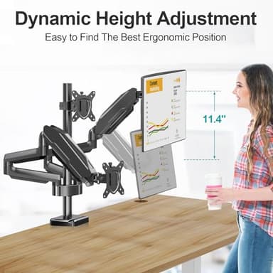 MOUNT PRO Triple Monitor Mount, 3 Monitor Desk Mount for Three Screens up to 32 Inch, Full Motion Gas Spring Heavy Duty Arm Hold up to 19.8lbs Each, Black - Image 6