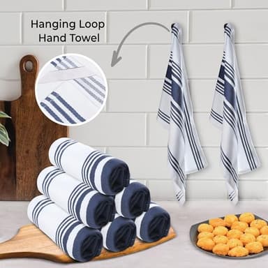 Urban Villa Kitchen Towels 100% Cotton Pack of 6, Highly Absorbent Quick Drying Super Soft Premium Dish Towels for Kitchen with Hanging Loop Hand & Tea Towels - 20x30 Inch, (Blue & White, Striped) - Image 4