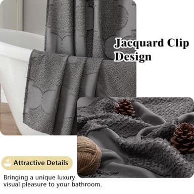 OWENIE Grey Shower Curtain Set, Jacquard Geometric Textured Fabric Boho Shower Curtains for Bathroom, Soft Hotel Style Farmhouse Shower Curtain Grommet Top 12 Hooks, Machine Washable, 72x72, Grey - Image 3