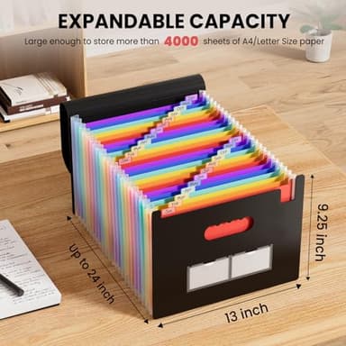 Sooez 24 Pockets Expanding File Folder with Blank Labels, According File Organizer with Expandable Cover, Desktop Accordion Folders Letter A4 Paper Document Storage Organizer, Black - Image 2