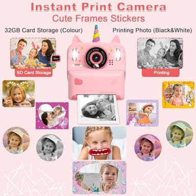 Instant Print Camera for Kids - Christmas Birthday Gift Toy for Girl Boy Age 3-9, Children Selfie Digital Cameras with Cartoon Soft Silicone Cover, Print Black White Photo with 32GB Card (Pink) - Image 5