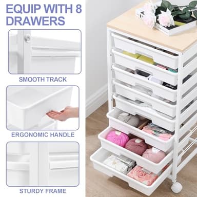 SYKIARIOL Rolling Storage Cart with Drawers,Utility Cart With 8 Drawers and Wooden Tabletop,Rolling Drawer Cart,Storage Drawer Cart for Living Room,Classroom,Bedroom,Bathroom,Dorm,Office,White - Image 3