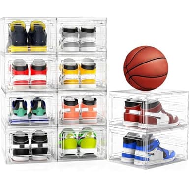 Mitees 10 Pack XX Large Thicken Sturdy Hard Plastic Clear Stackable Shoe Storage Boxes for Size 12, Sneaker Shoe Rack Containers Holders Bins Display Case Organizer for Closet, White - Image 1