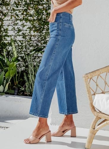 Sidefeel Women's Wide Leg Jeans High Waisted Straight Leg Jeans Buttoned Loose Stretchy Denim Pants with Pocket Blue Size 18 Short - Image 3