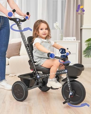KRIDDO 7-in-1 Tricycle Stroller for Toddlers 18 Months to 5 Years, Adjustable Push Handle, Rotatable Seat, Cup Holder and Retractable Canopy, Folding Baby Trike w/Detachable Guardrail, Footrest, GY - Image 3