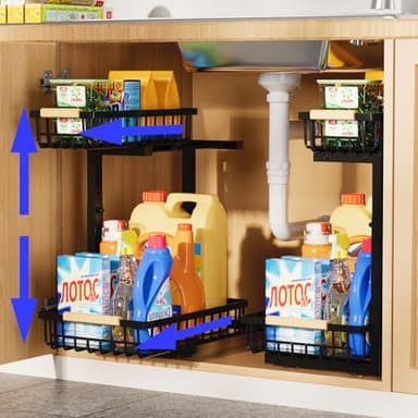 SILUB Under Sink Organizer,2 Pack Kitchen Organizers and Storage Adjustable Height 2 Tier Sliding L-Shape Cabinet Organizers Meatal,Under Bathroom Sink Organizer with Anti Slip Wooden Handle - Image 1