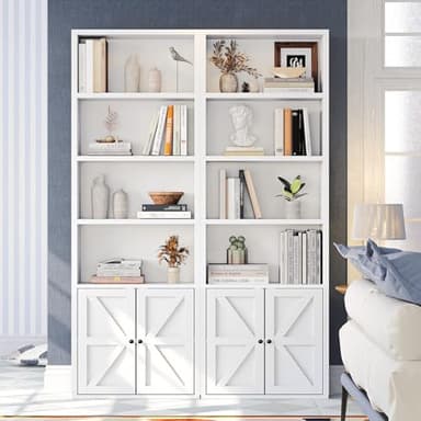 oneinmil 6 Tier Bookshelves and Bookcase with Doors Industrial Set of 2 Double Wide Floor Standing Book Shelf 71" Tall Display Shelves Bookshelf with Storage Cabinets for Living Room White - Image 2