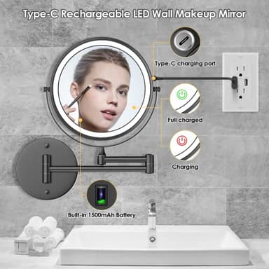 Rocollos Rechargeable Wall Mounted Lighted Makeup Mirror, 8 Inch Double-Sided LED Vanity Mirror 1X/10X Magnification,3 Color Lights Touch Screen Dimmable 360°Swivel 13 Inch Extendable - Image 2