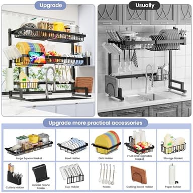 ADBIU Over The Sink Dish Drying Rack (Expandable Height and Length) Snap-On Design 2 Tier Large Dish Rack 31-39.4L x 12W x 34-38H inches - Image 5