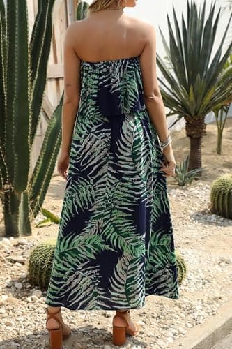 ZMPSIISA Women's Summer Off The Shoulder Maxi Dress Ruffle Strapless Blue White Porcelain Boho Casual Loose Long Dresses(A-Leaves Navy,X-Large) - Image 3