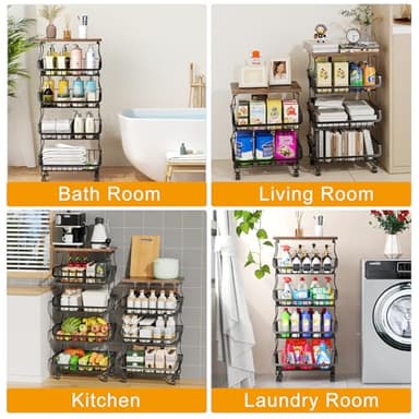 Gsiekare Fruit Vegetable Basket for Kitchen, 5 Tier Stackable Fruit Vegetable Storage Baskets with Wheels, Metal Wire Storage Basket Organizer Baskets for Kitchen, Pantry, Bathroom - Image 7