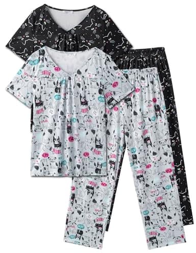 Ekouaer Women'S Pajama Sets, 2 Pack Womens Pajama Sets Short Sleeve with Long Pant Pjs Sleepwear Grey Dog Black Cat XX-Large - Image 7