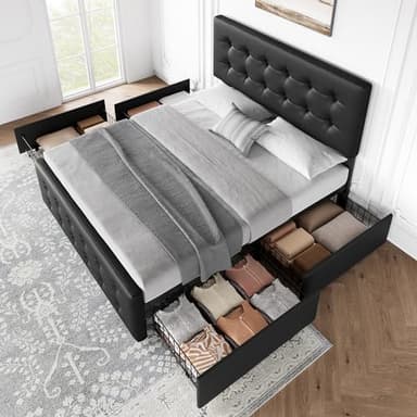 IDEALHOUSE Queen Size Bed Frame with 4 Storage Drawers and Headboard, Faux Leather Upholstered Platform Bed Frame with Wooden Slats Support, Button Tufted Design, No Box Spring Needed, Black - Image 4