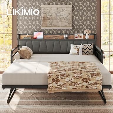 LIKIMIO Daybed with Trundle Bed, Twin Bed Frame with Storage Headboard and Charging Station, Sofa Day Bed with Strong Supports for Living Room, Bedroom, and Guest Room, Grey - Image 8